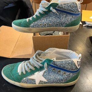 Golden Goose Midstar green and blue glitter